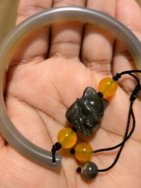Gray Jade Bangle with Amber Bead Charm Bracelet